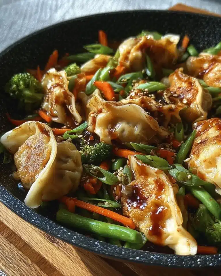 Colorful potsticker stir fry with vegetables and sauce in a pan