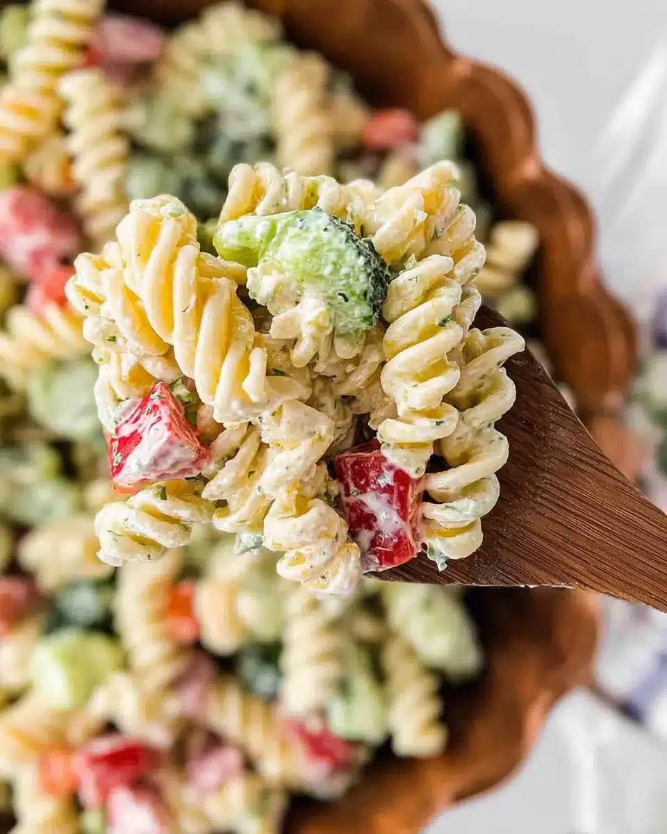 Colorful Ranch Pasta Salad with fresh vegetables and creamy dressing