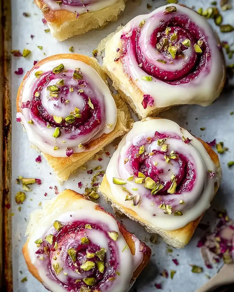 Raspberry and Rose Cheesecake Buns with cream cheese filling and rose petals
