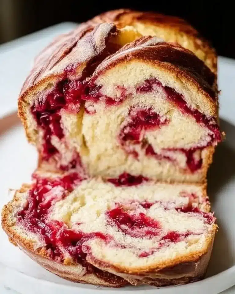 Freshly baked raspberry bread with raspberries on a wooden board