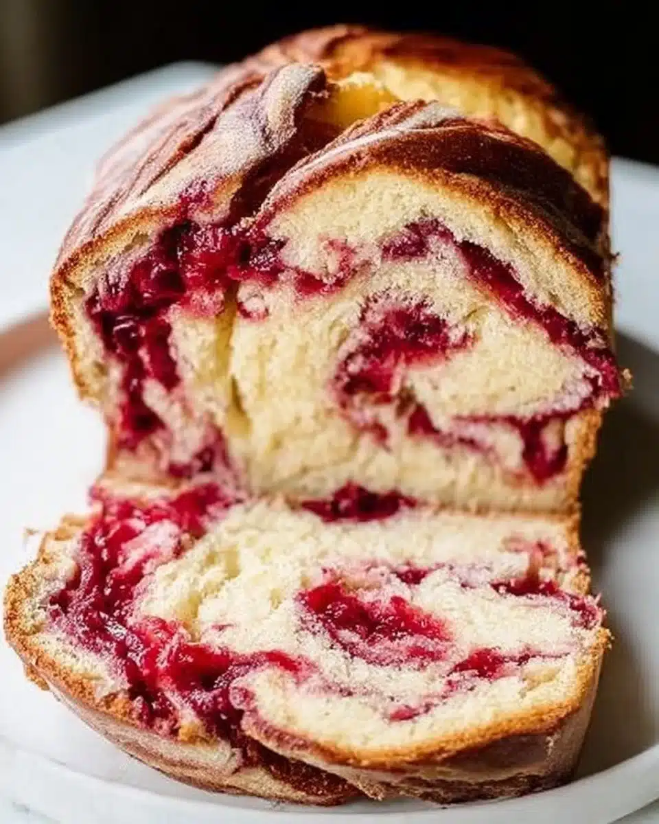 Freshly baked raspberry bread with raspberries on a wooden board