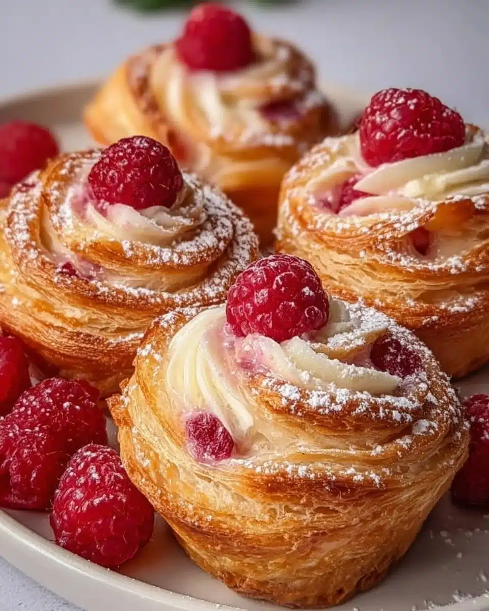 Freshly baked Raspberry Cream Cheese Cruffins with a flaky crust and creamy filling