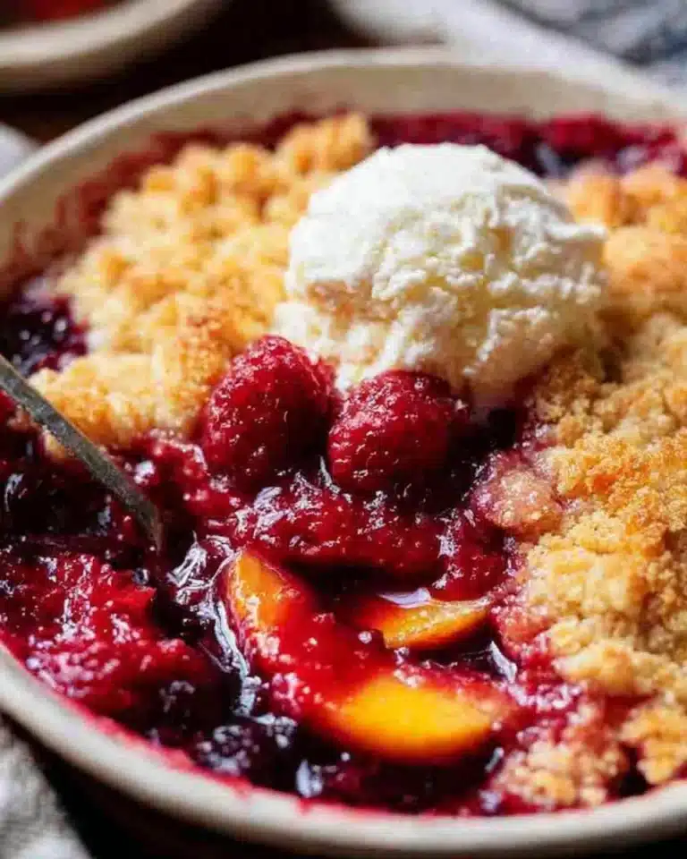 Homemade Raspberry Peach Cobbler topped with a golden crumb crust and fresh raspberries.
