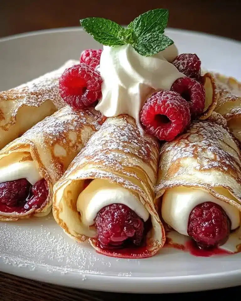 Delicious Raspberry Vanilla Cream Crepes topped with fresh raspberries and creamy filling.