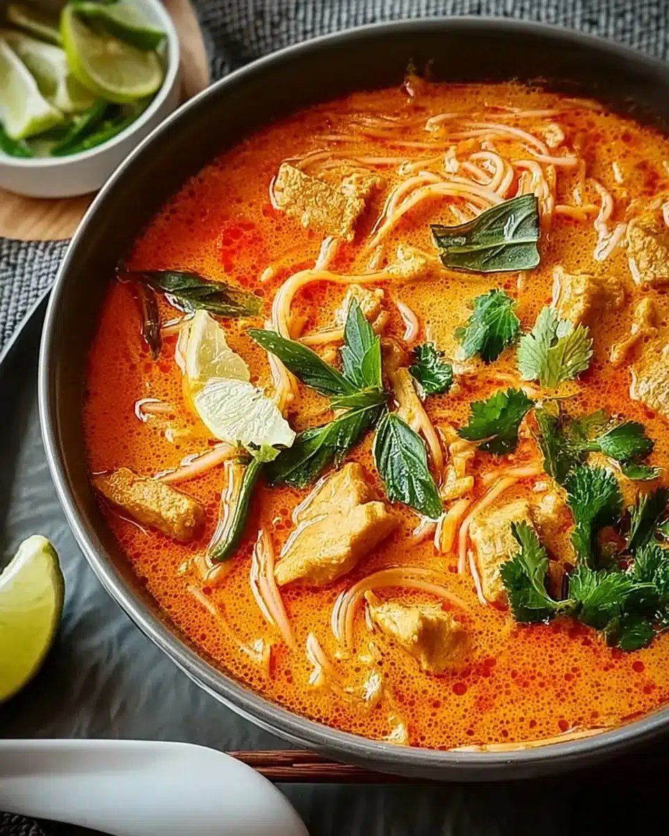 Bowl of flavorful red curry soup garnished with fresh herbs and spices.