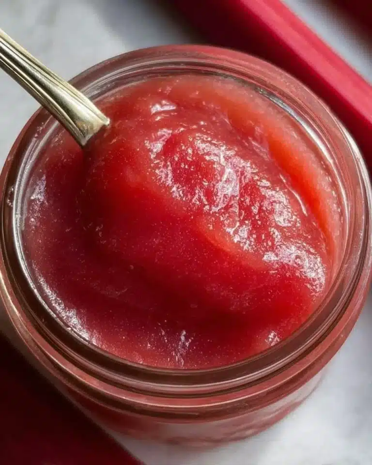 A jar of homemade rhubarb butter with fresh rhubarb stalks beside it.
