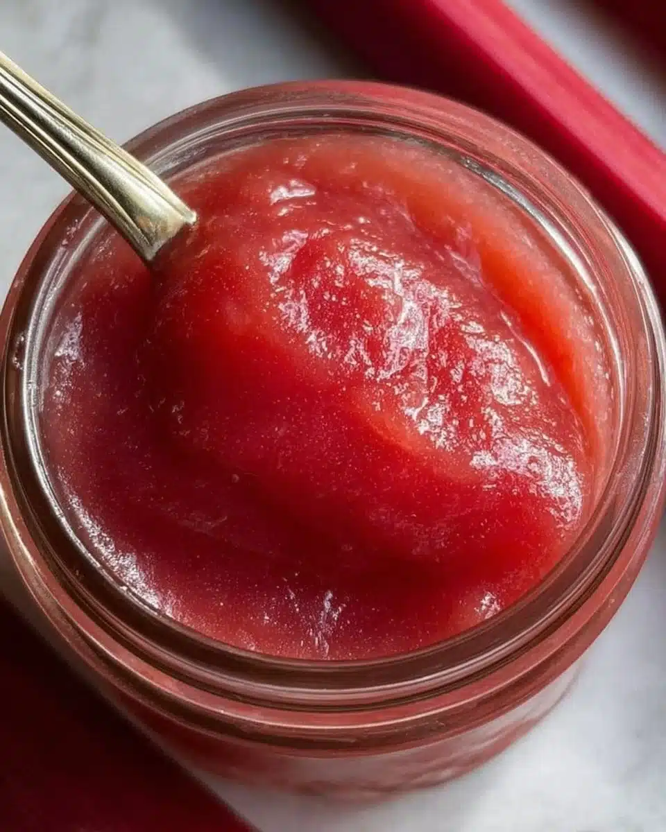 A jar of homemade rhubarb butter with fresh rhubarb stalks beside it.