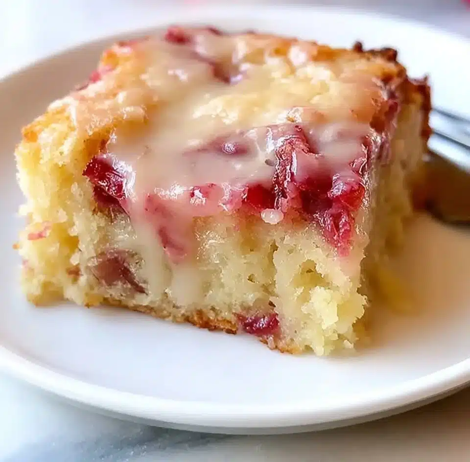 Delicious rhubarb cake served with rich butter sauce on a plate.