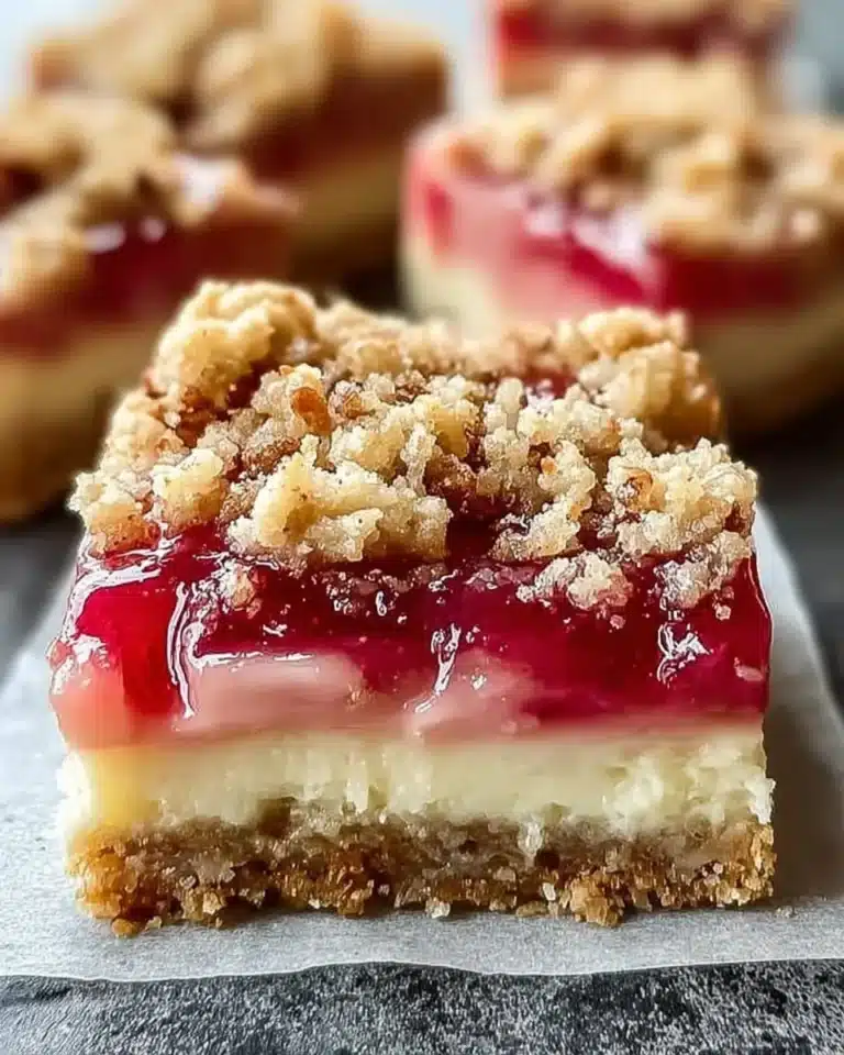 Delicious rhubarb cheesecake squares topped with fresh rhubarb