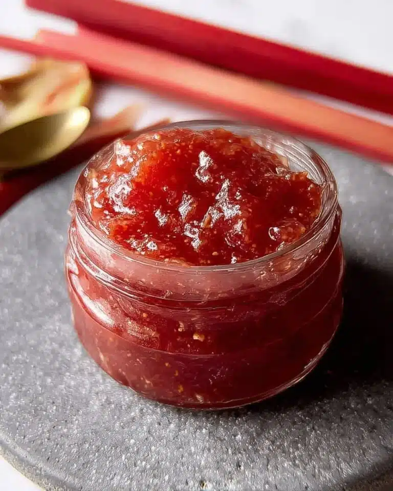 Homemade rhubarb cinnamon jam jar with fresh rhubarb stalks and cinnamon sticks.