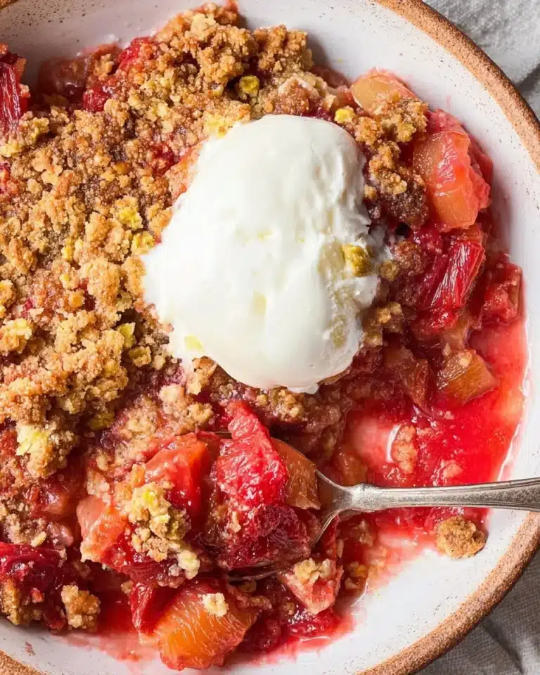 Delicious homemade rhubarb crisp dessert served warm with a crunchy topping.
