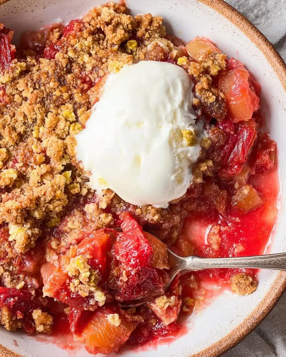 Delicious homemade rhubarb crisp dessert served warm with a crunchy topping.