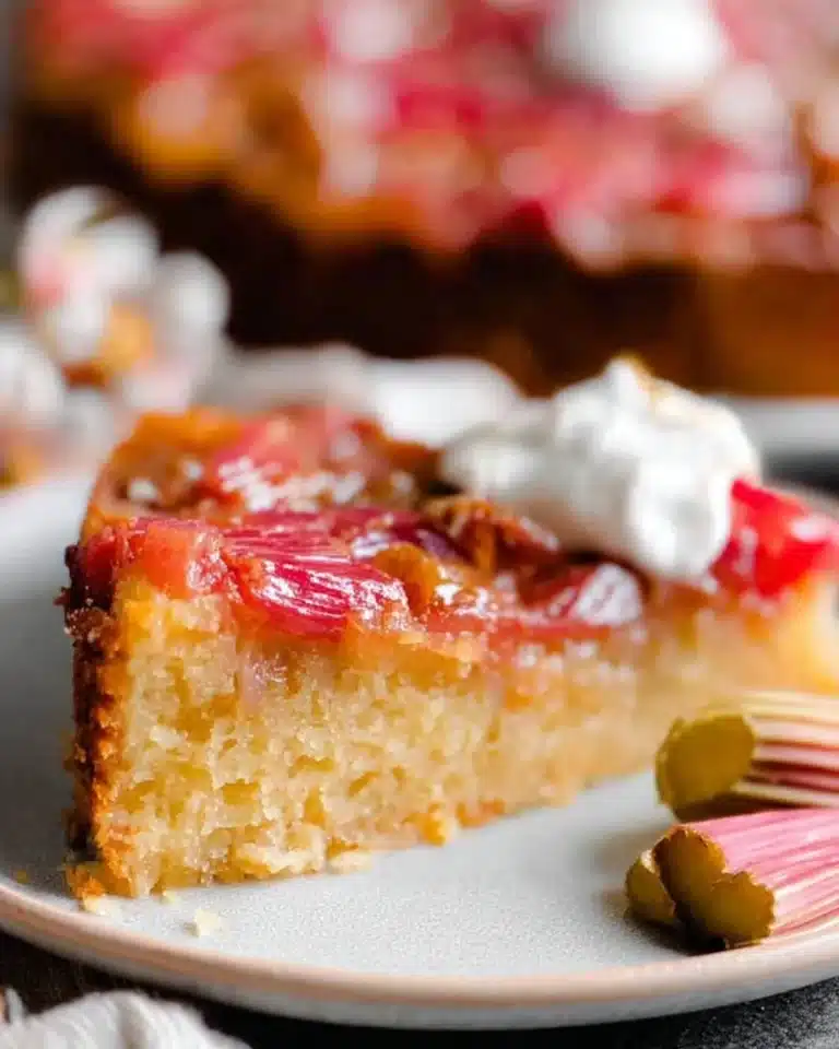 Delicious rhubarb upside-down cake topped with caramel glaze on a plate.
