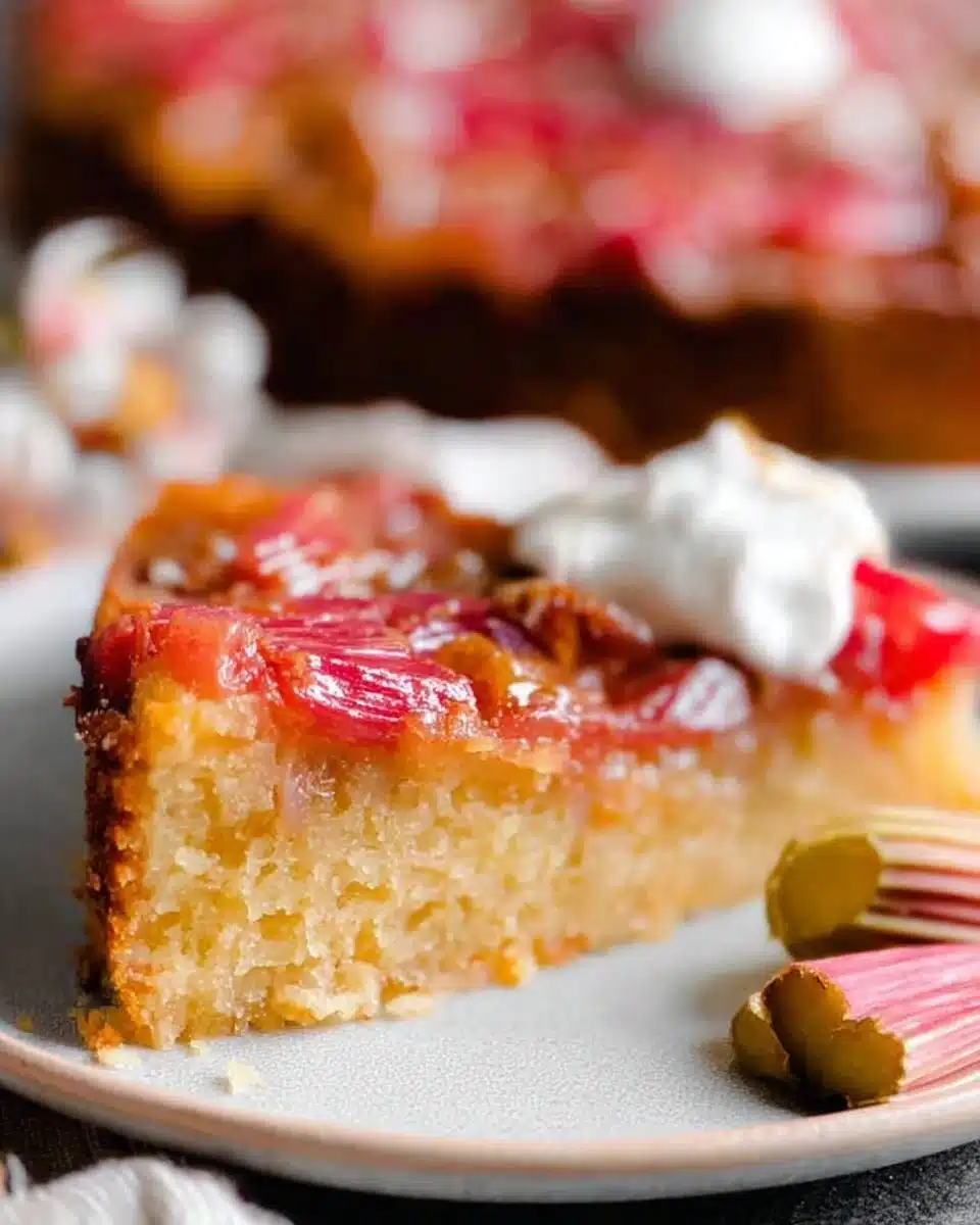 Delicious rhubarb upside-down cake topped with caramel glaze on a plate.