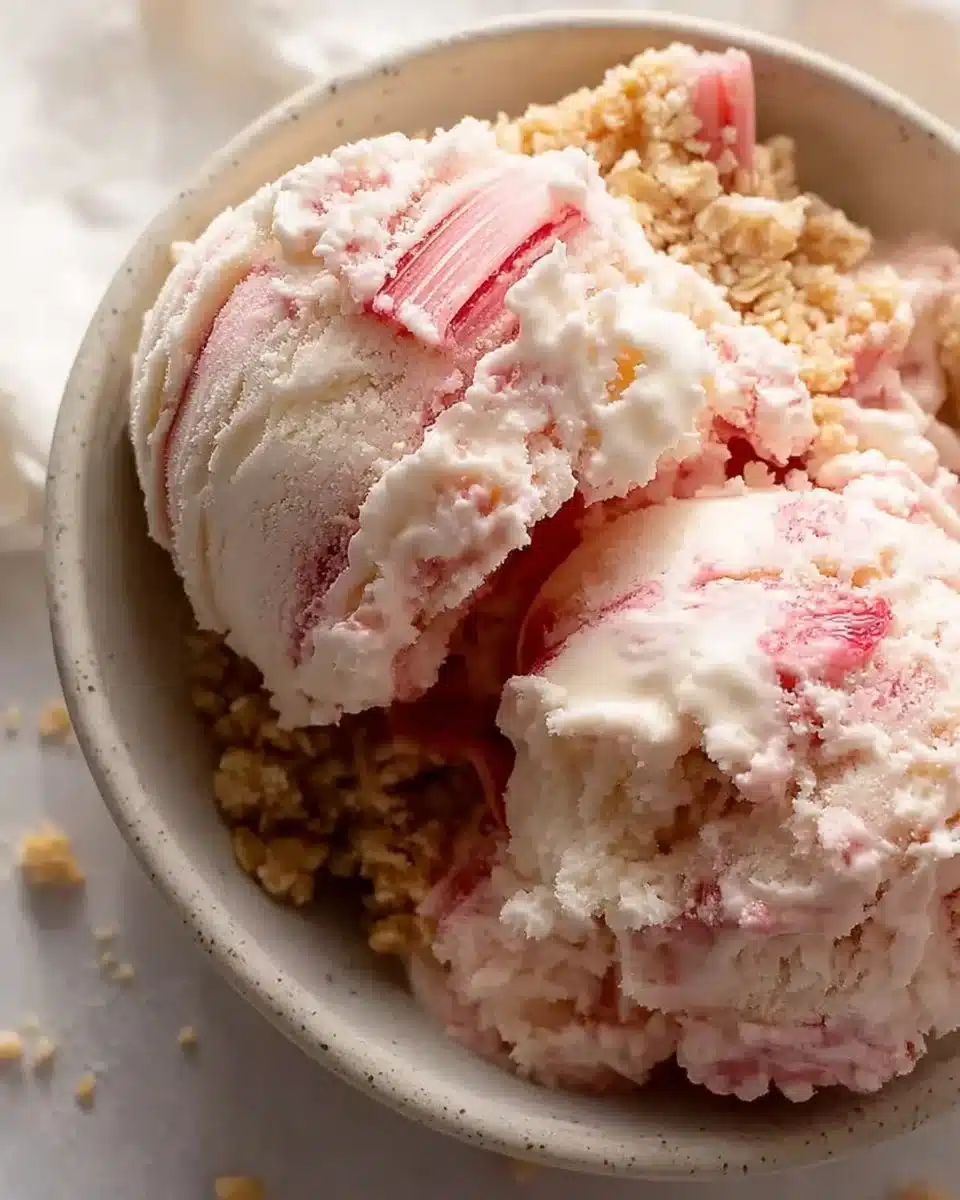 Delicious bowl of homemade rhubarb vanilla ice cream topped with fresh rhubarb.