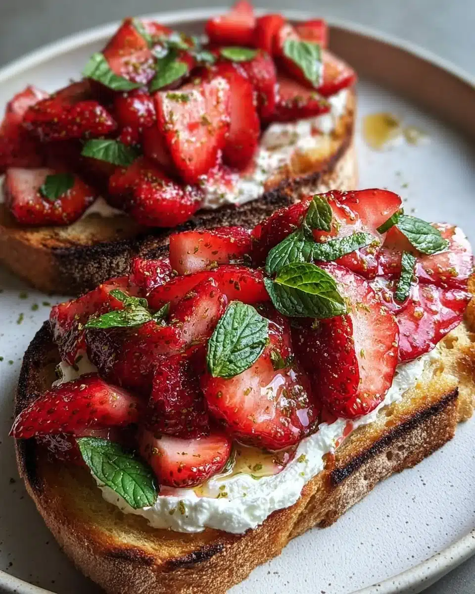 Delicious roasted strawberry whipped ricotta toast topped with fresh strawberries.
