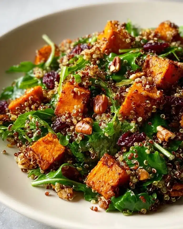Delicious roasted sweet potato quinoa salad topped with fresh herbs and veggies.