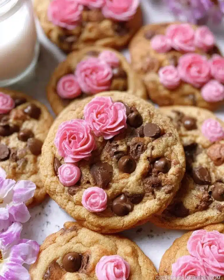 Plate of Rose Chocolate Chip Cookies with chocolate chunks and pink rose petals