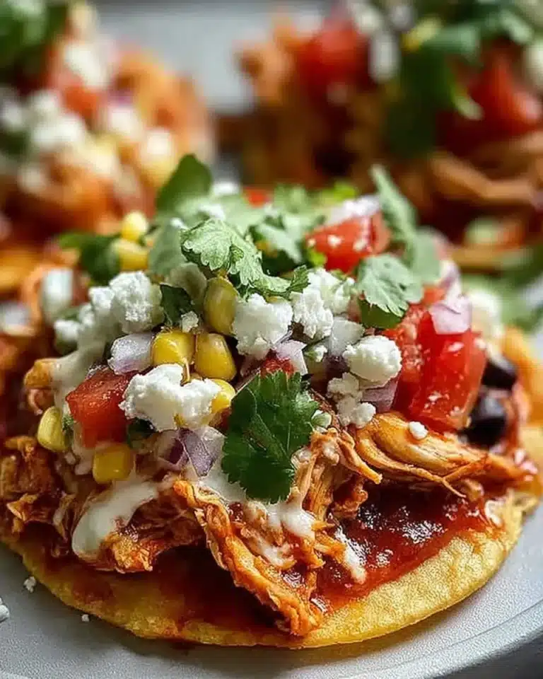 Delicious rotisserie chicken tostadas topped with fresh ingredients and salsa.