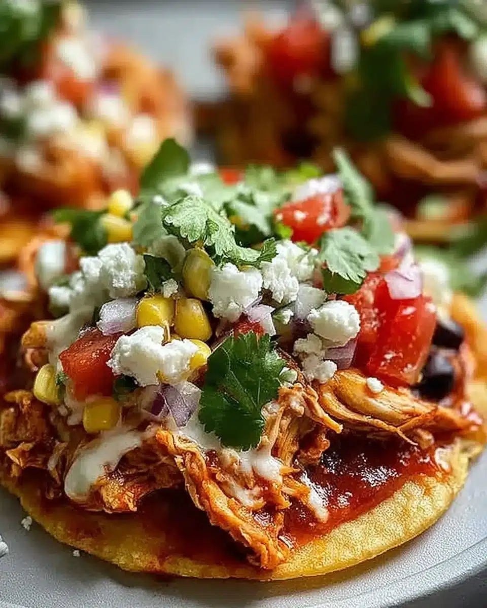 Delicious rotisserie chicken tostadas topped with fresh ingredients and salsa.