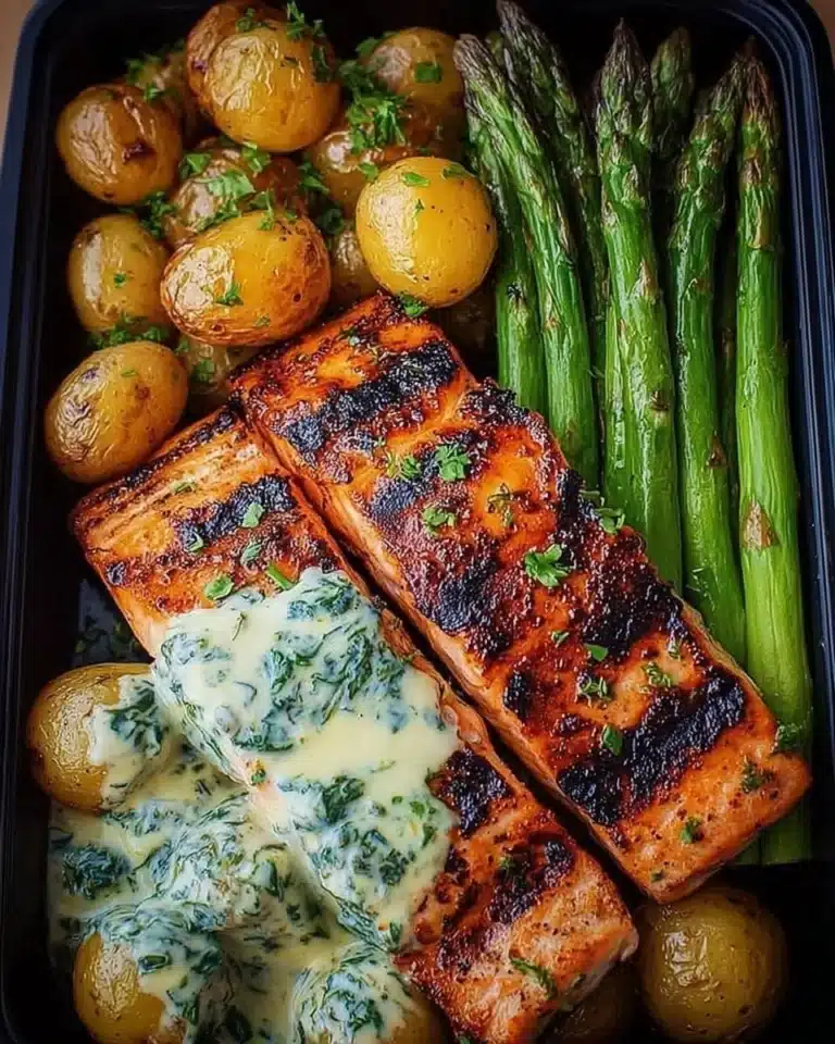 Plate of salmon with roasted baby potatoes and asparagus
