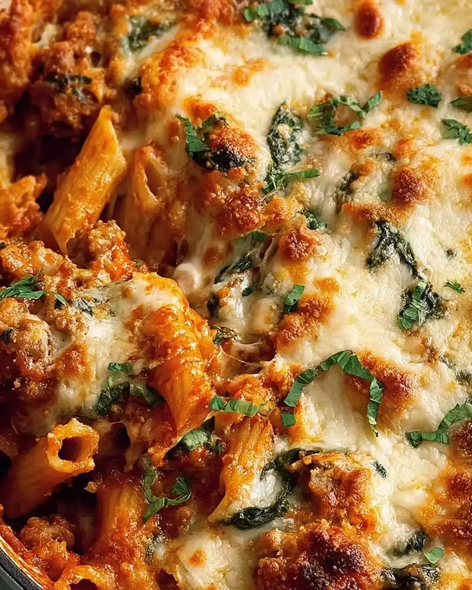 Delicious baked Sausage Mostaccioli with melted cheese and pasta