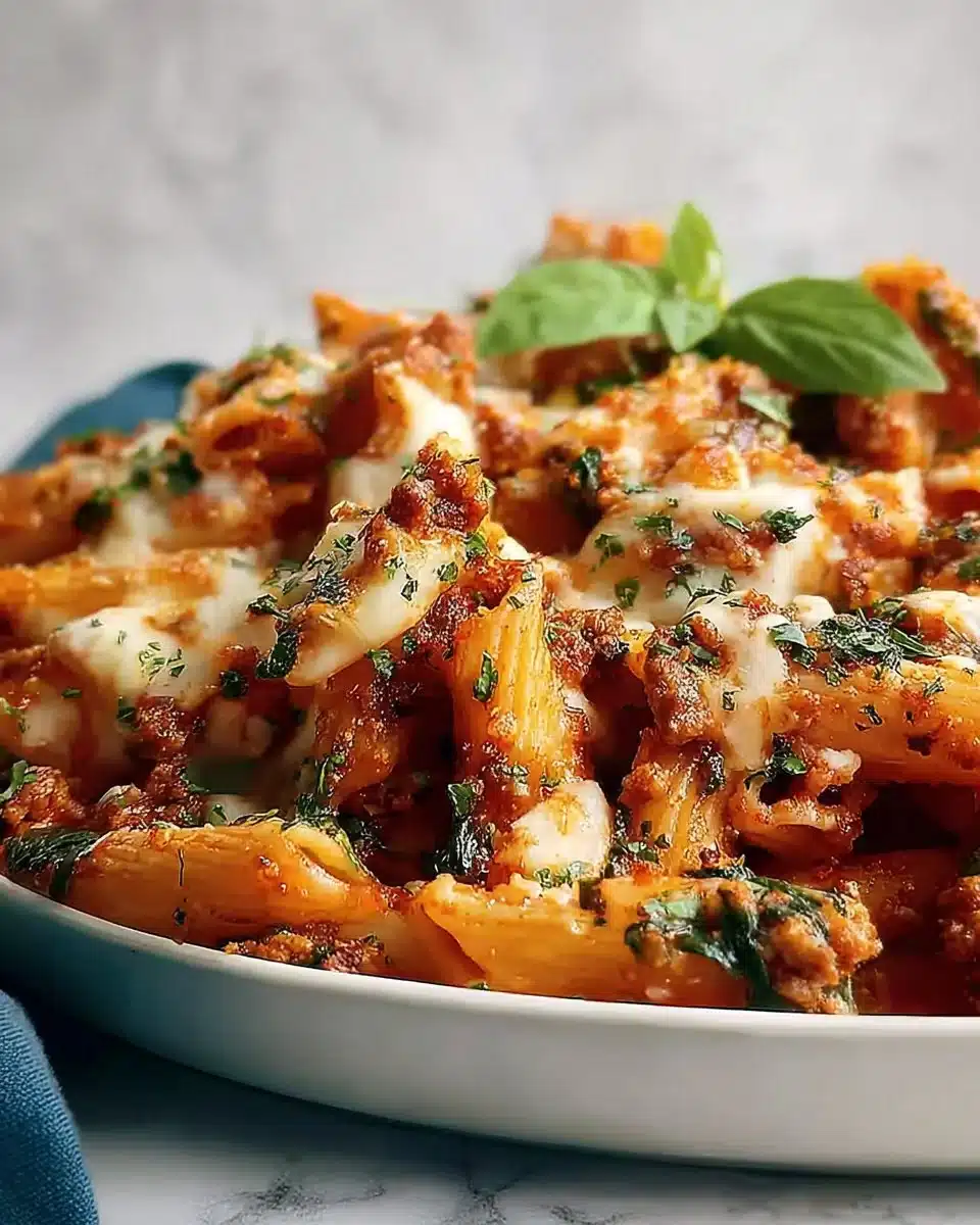 Italian Sausage Baked Mostaccioli with Spinach