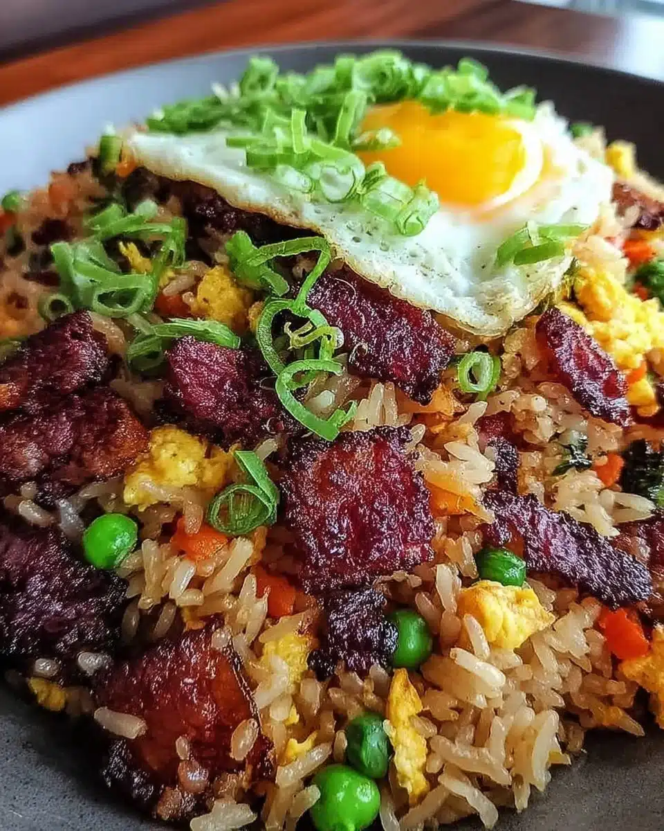 Bowl of savory breakfast fried rice with vegetables and eggs