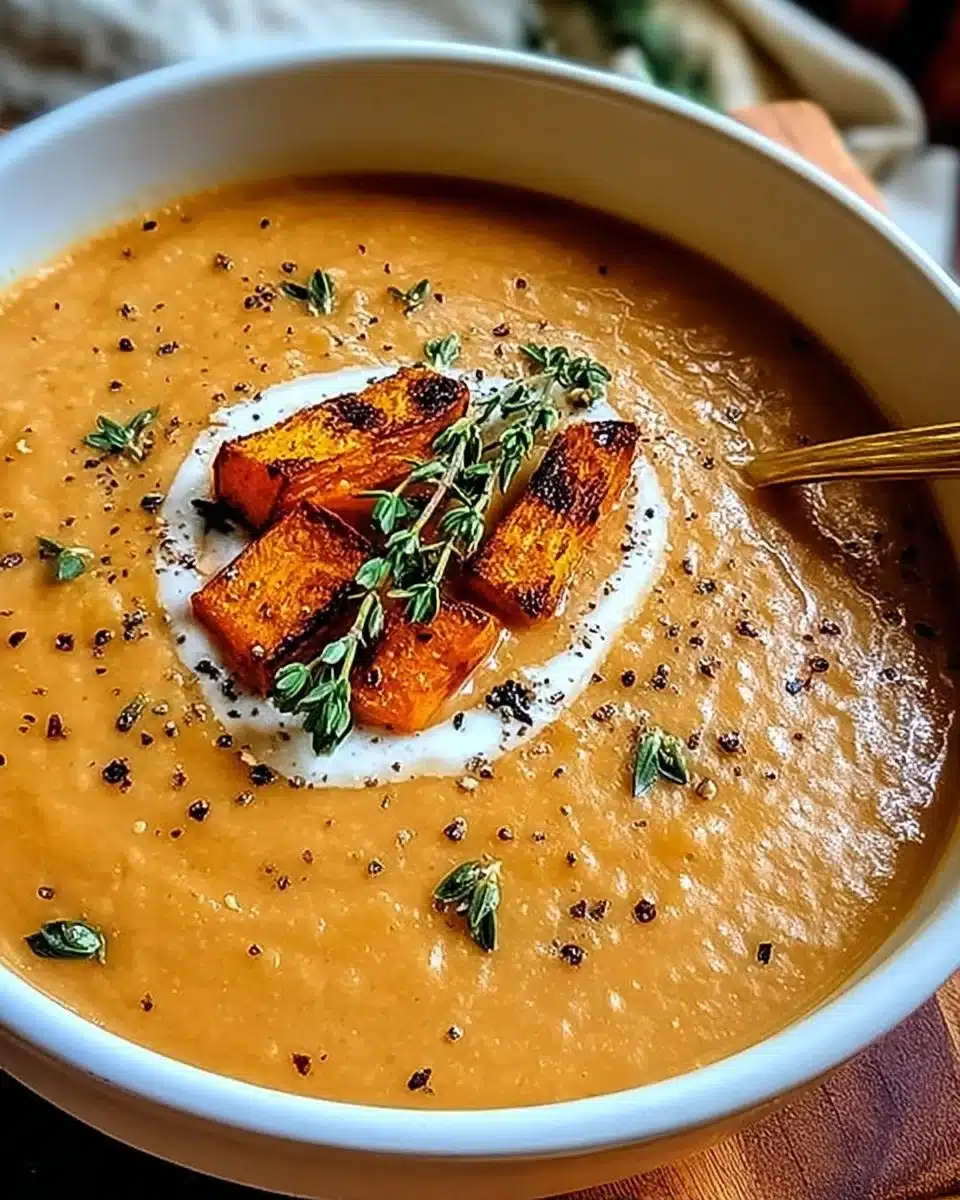Bowl of savory Italian Sweet Potato Soup topped with herbs and spices