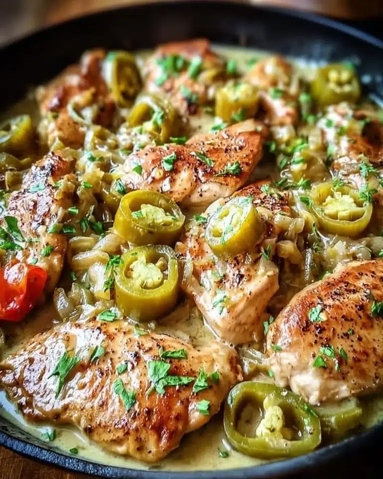 Savory Pepperoncini Chicken Skillet garnished with fresh herbs.