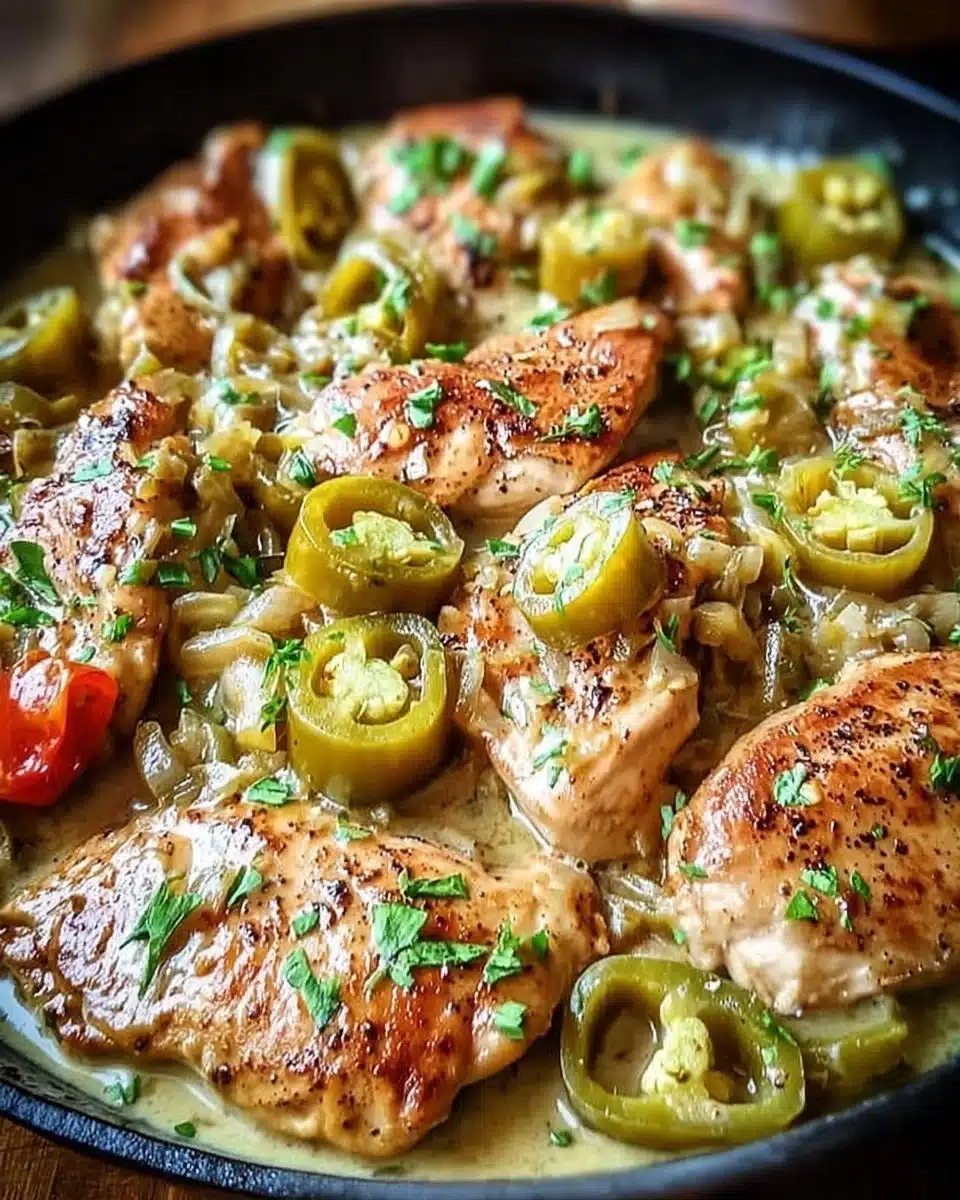 Savory Pepperoncini Chicken Skillet garnished with fresh herbs.