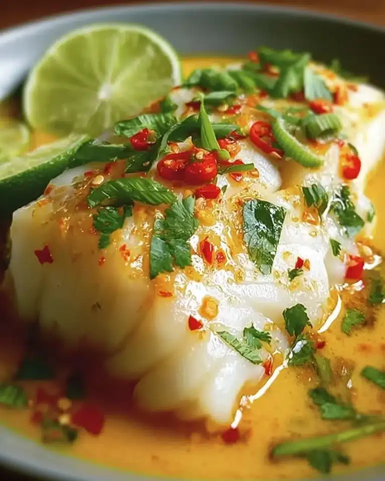 Savory Thai coconut lime poached cod served with fresh herbs