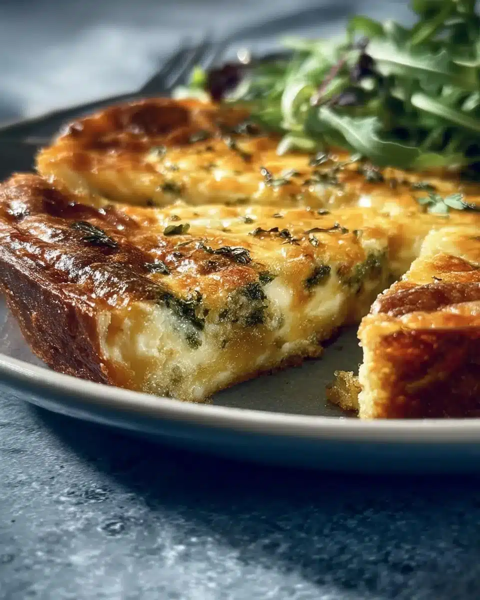 Savoury Impossible Pie served on a plate with herbs and vegetables