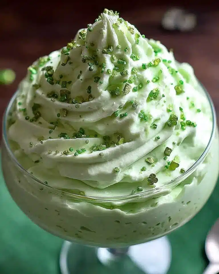 Festive Shamrock Cheesecake Fluff dessert in a green bowl