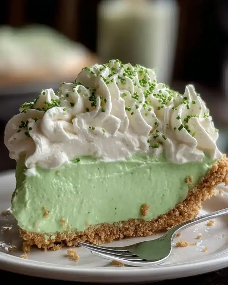 Delicious Shamrock Shake Pie topped with whipped cream and green sprinkles