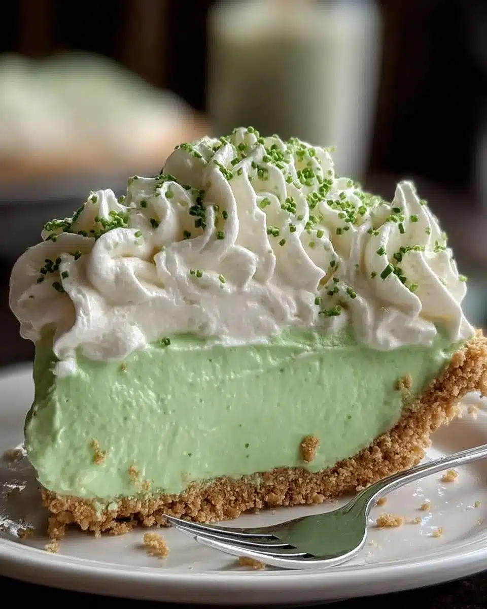 Delicious Shamrock Shake Pie topped with whipped cream and green sprinkles