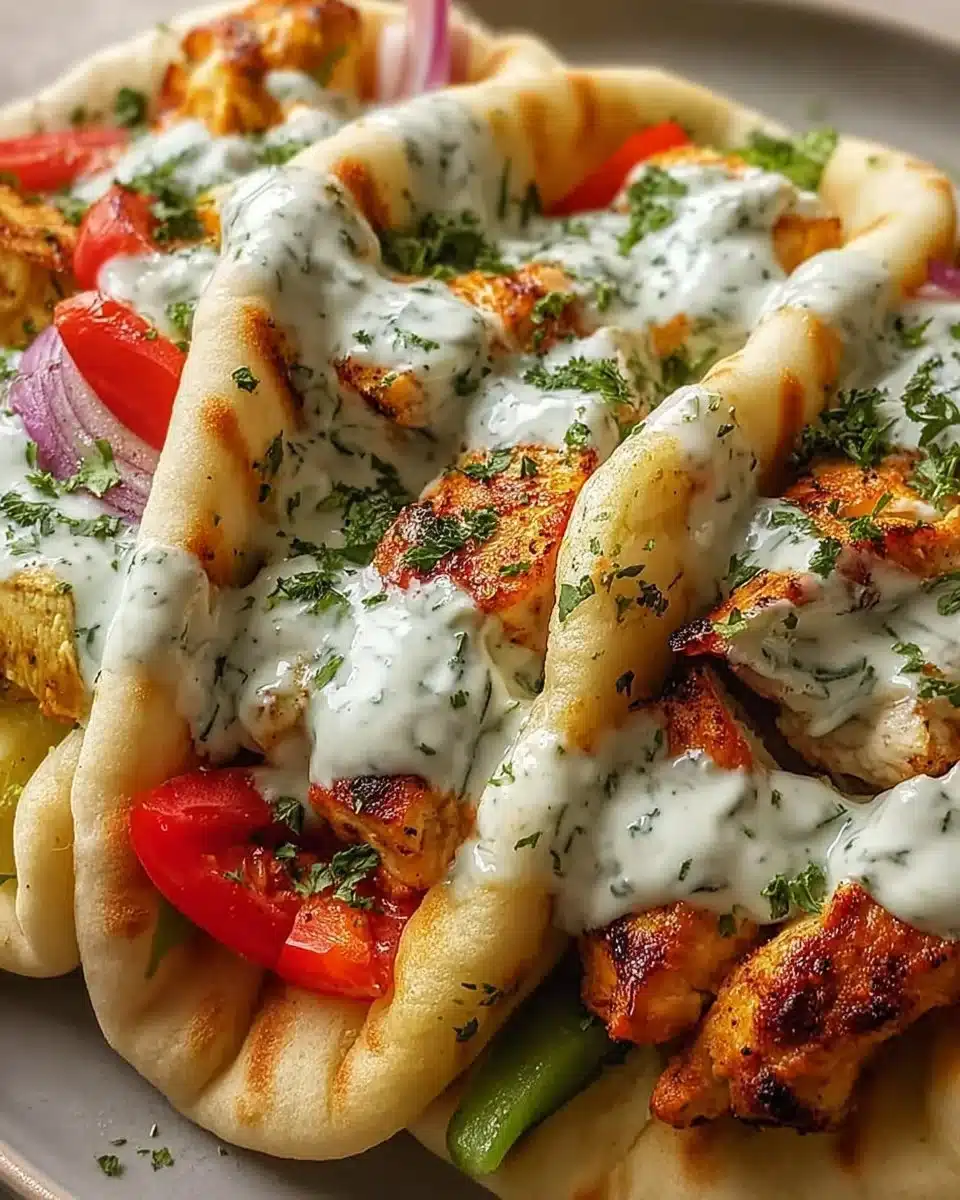 Sheet pan chicken pitas with colorful vegetables and herbs on a wooden table
