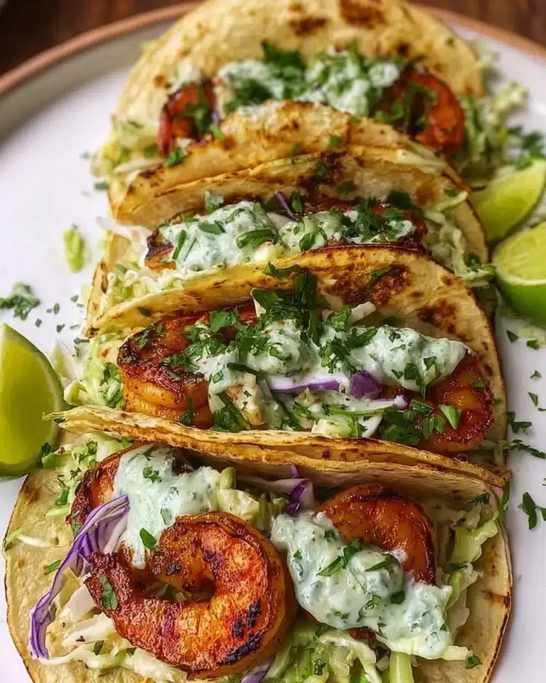 Shrimp tacos topped with cilantro lime slaw on a plate