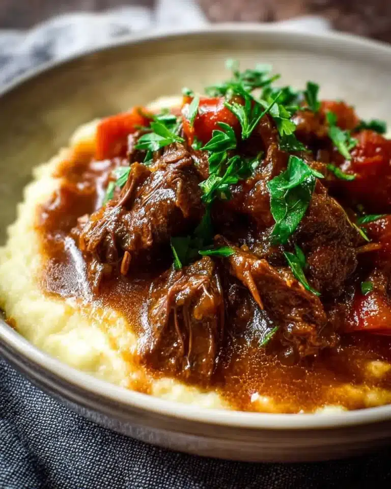 Delicious Slow Cooker Beef Manhattan served with gravy over mashed potatoes