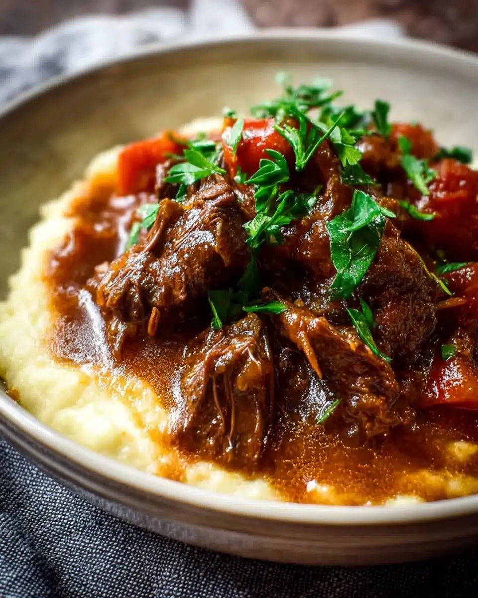 Delicious Slow Cooker Beef Manhattan served with gravy over mashed potatoes