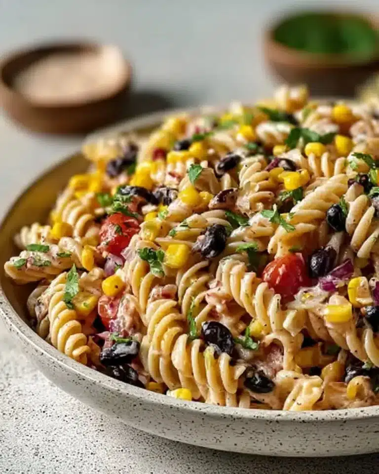 Bowl of colorful Southwest Pasta Salad with fresh ingredients