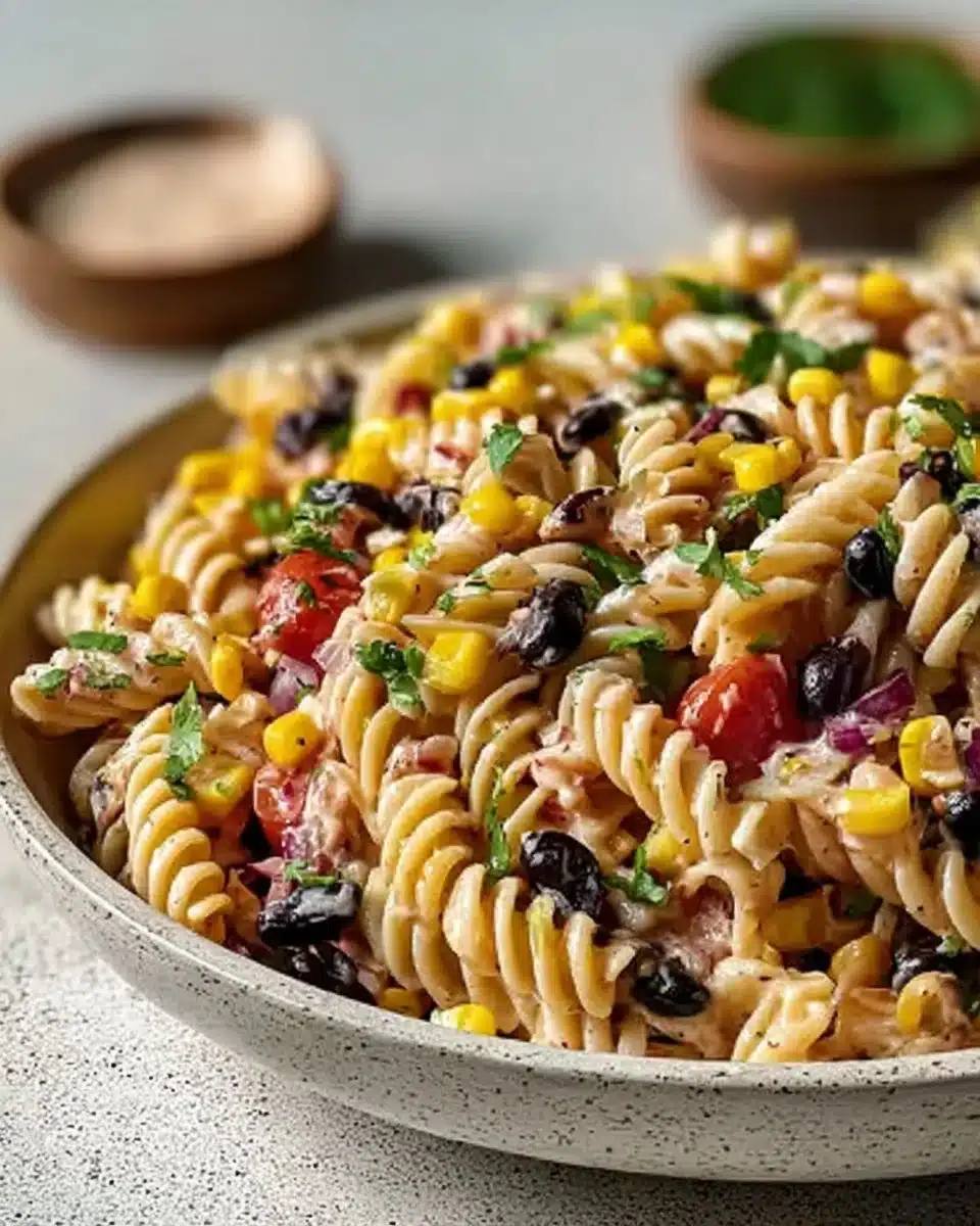 Bowl of colorful Southwest Pasta Salad with fresh ingredients