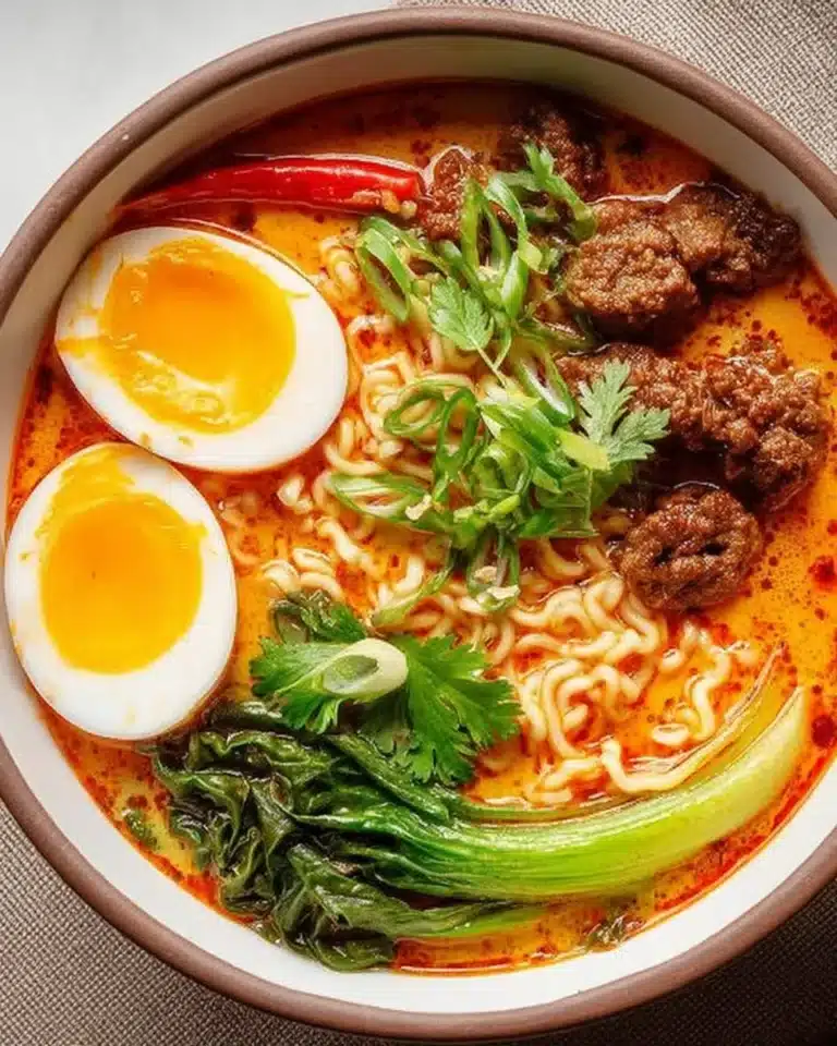 Bowl of spicy coconut curry ramen garnished with herbs and spices