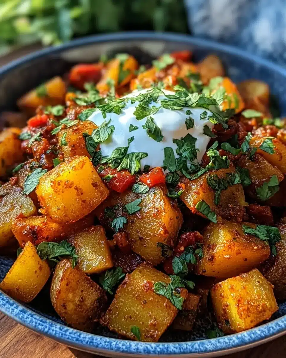 Delicious spicy Mexican street potatoes topped with fresh herbs and spices.