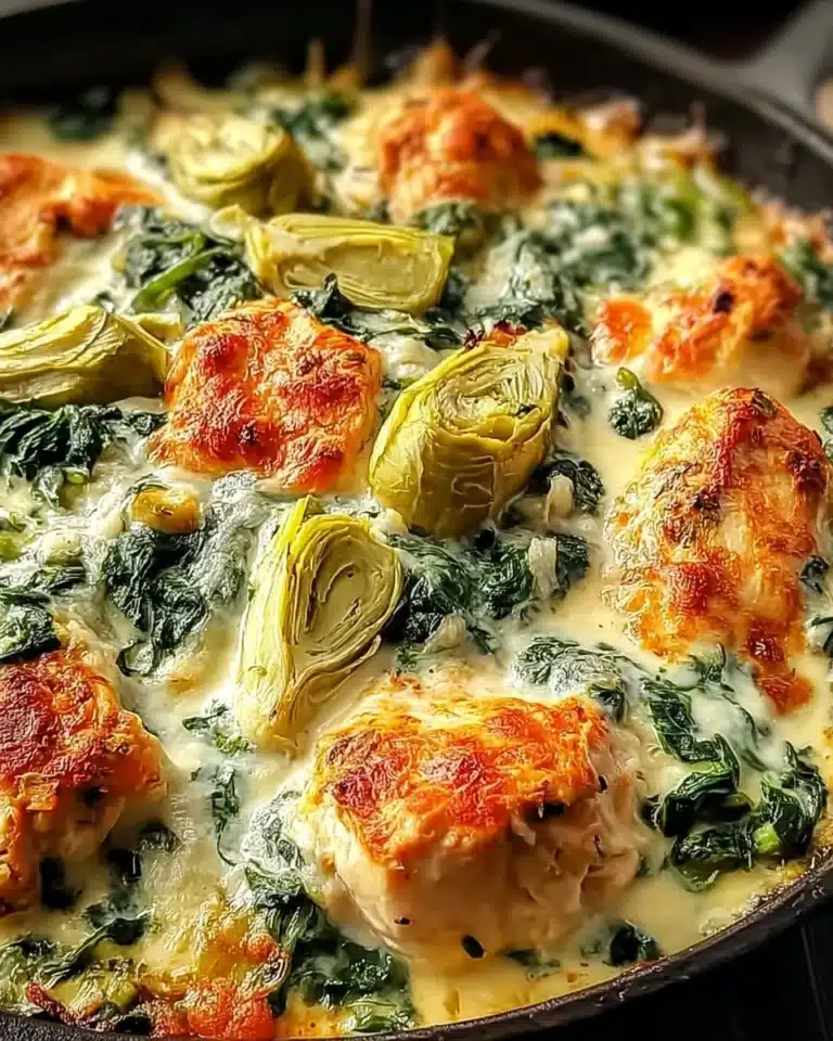 Delicious Spinach Artichoke Chicken Bake served with fresh herbs