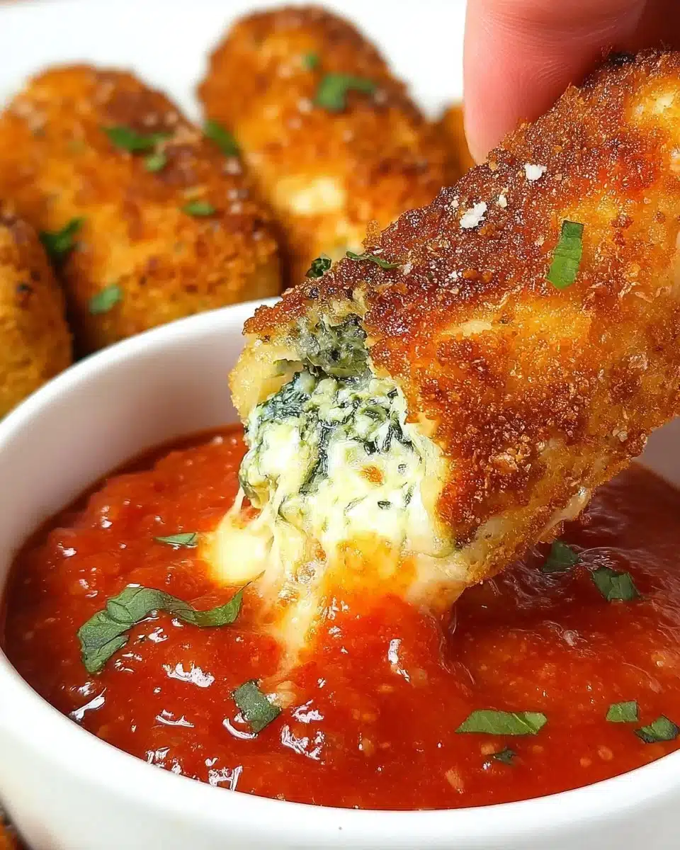 Delicious spinach dip-filled mozzarella sticks ready to serve as a tasty appetizer