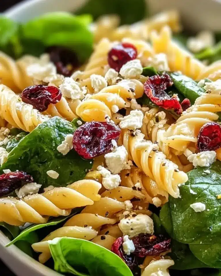 Delicious Spinach Pasta Salad with Feta, Cranberries, and fresh ingredients