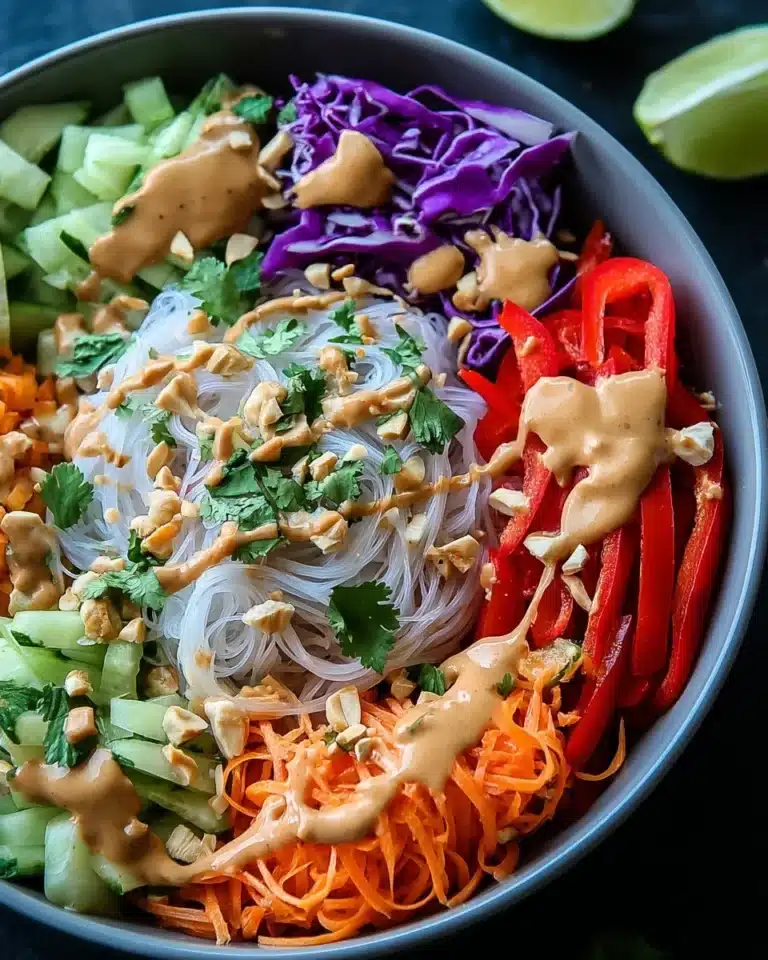 Spring Roll Salad topped with rich Peanut Dressing and fresh ingredients.