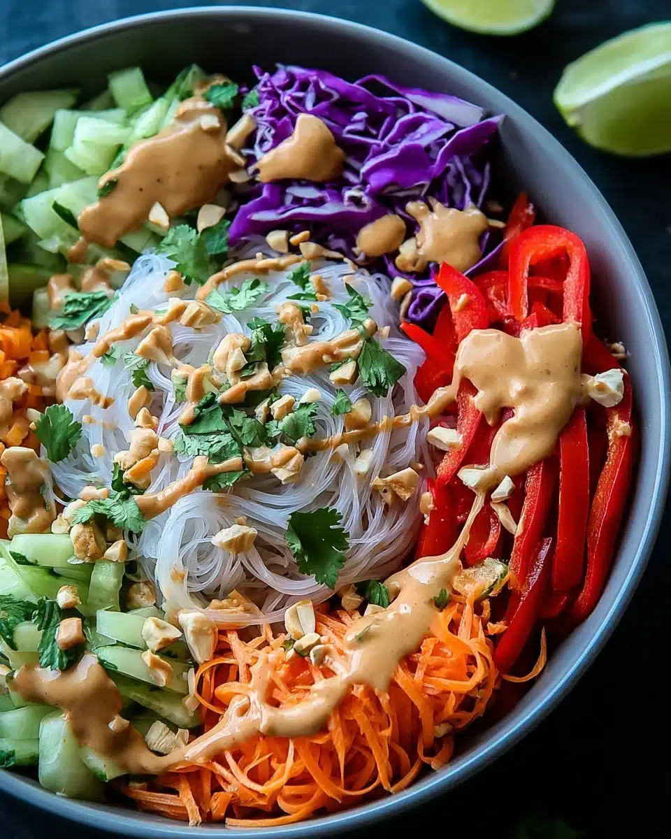 Spring Roll Salad topped with rich Peanut Dressing and fresh ingredients.