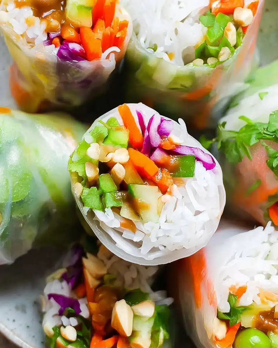 Delicious spring rolls with creamy peanut sauce served on a plate